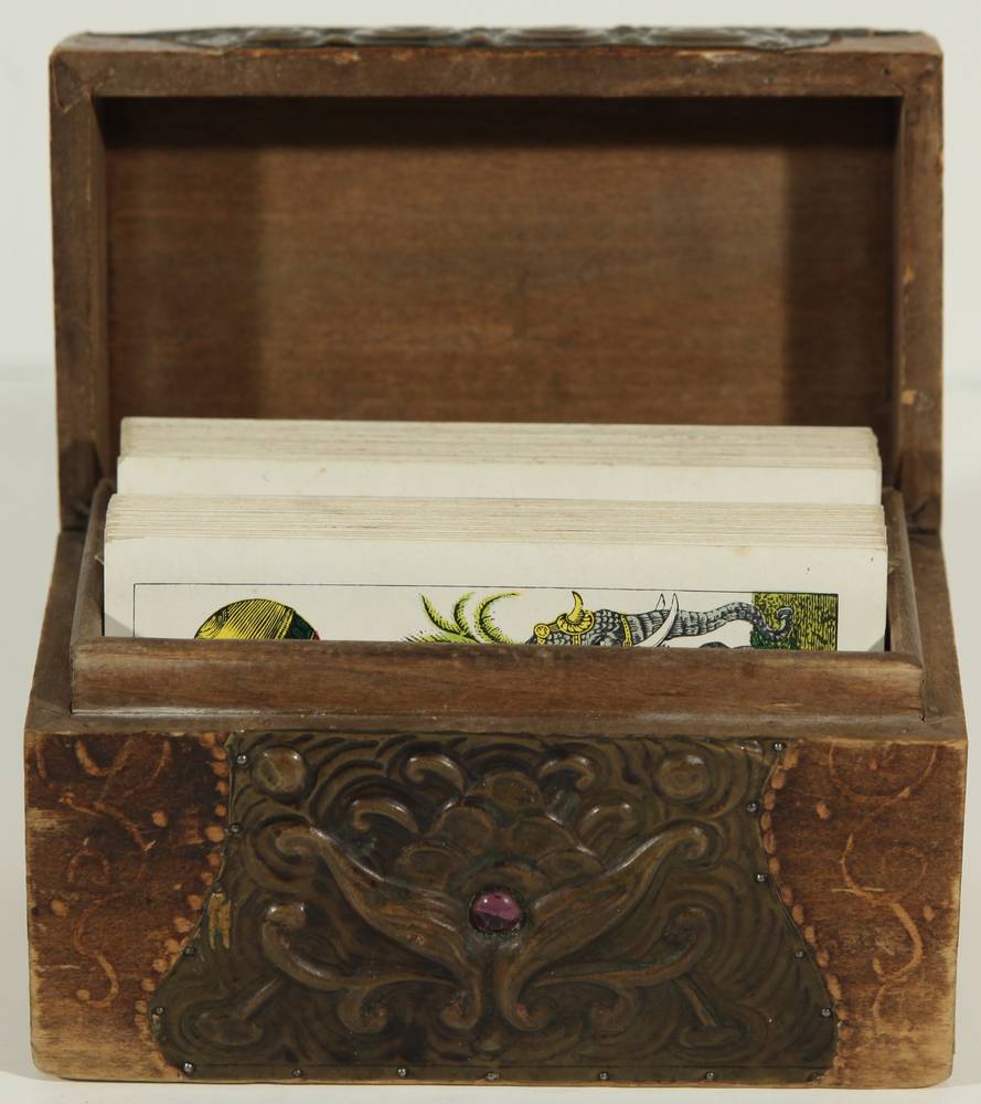 A RUSSIAN WOODEN AND EMBOSSED METAL PLAYING CARD HOLDER 19TH CENTURY