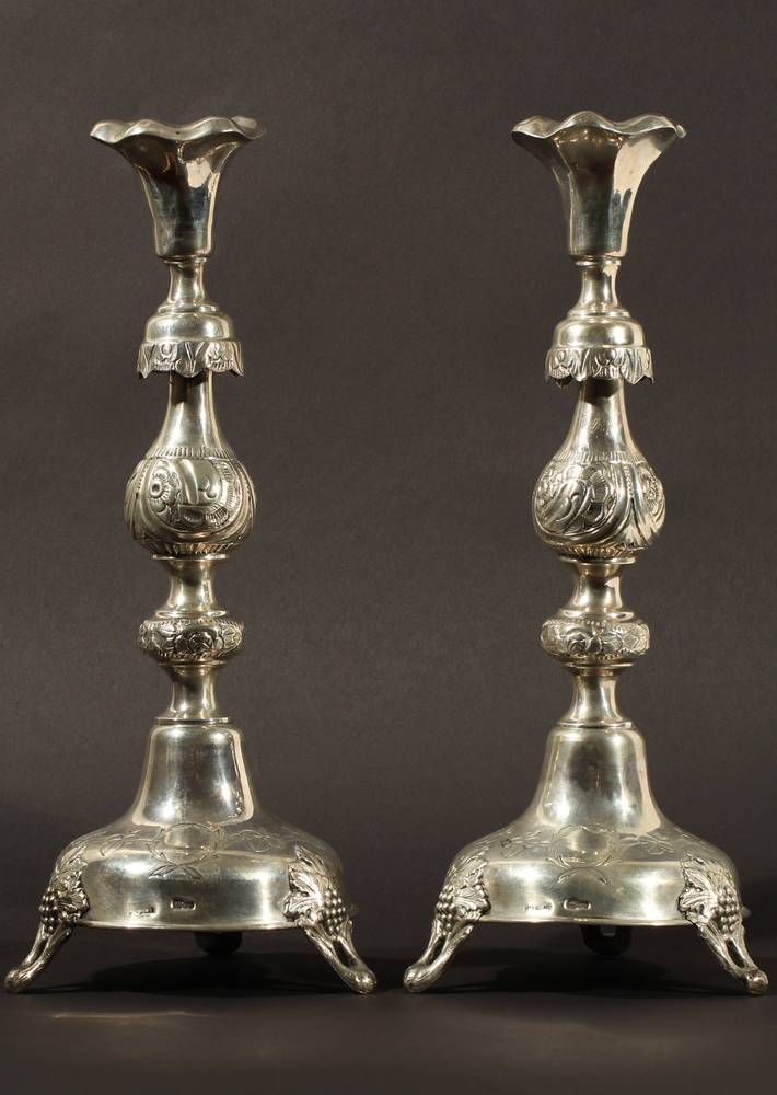 A PAIR OF SILVER CANDLESTICKS SZMUL SZKARLAT WARSAW 1895 — Russian