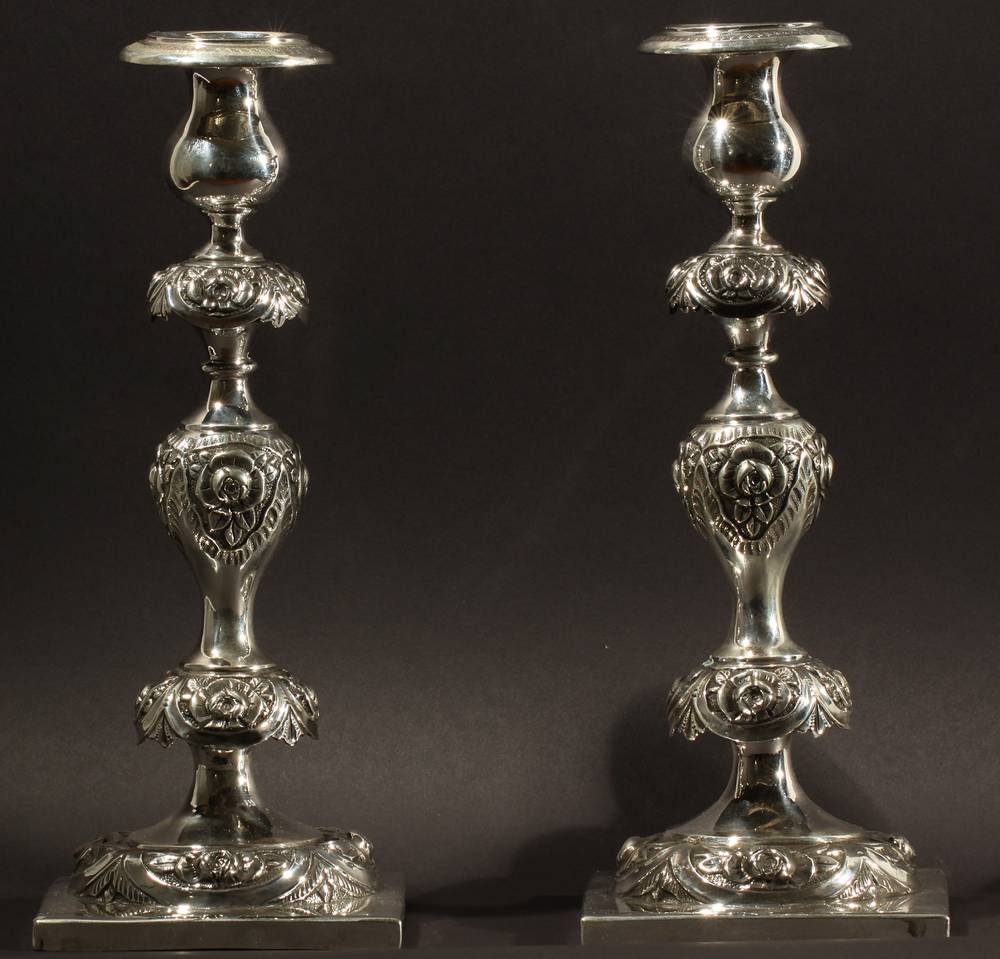 A PAIR OF SILVER CANDLESTICKS JAN POGORZELSKI WARSAW 1878 — Russian