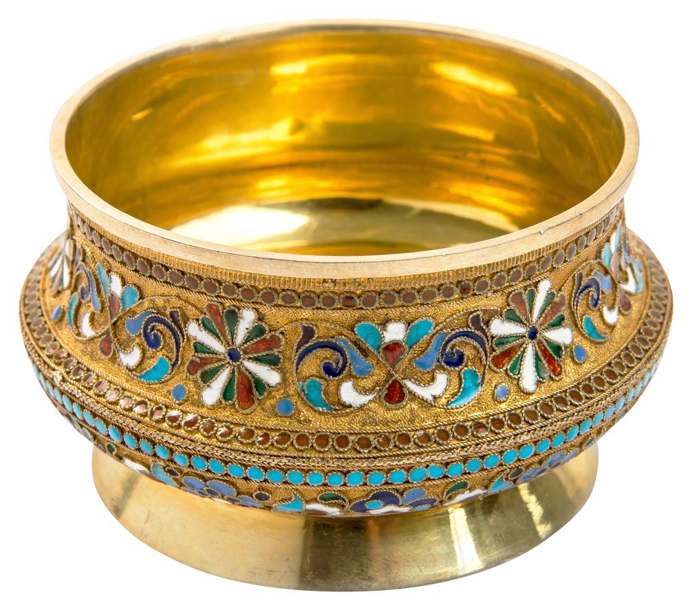 A LARGE RUSSIAN CLOISONN ENAMEL AND GILT SILVER SALT CELLAR BOWL 
