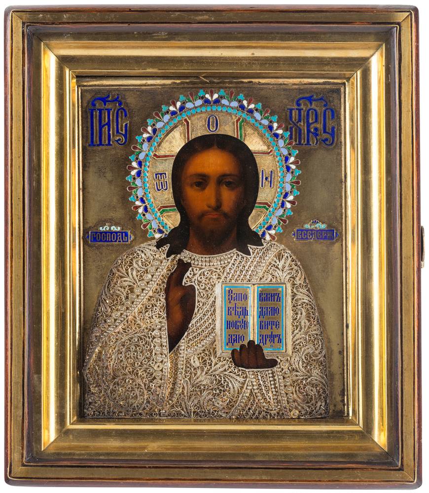 A RUSSIAN ICON OF CHRIST PANTOCRATOR WITH A FILIGREE GILT SILVER AND 